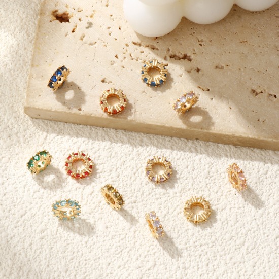 Immagine di 1 Pz Ecologico Ottone Pietre Nascita Perline Distanziatrici per Gioielli Fai-da-te che Fanno Risultati 14K Vero Oro Placcato Tondo Multicolore Cubic Zirconiae 10mm Dia., Buco: Circa 4.8mm