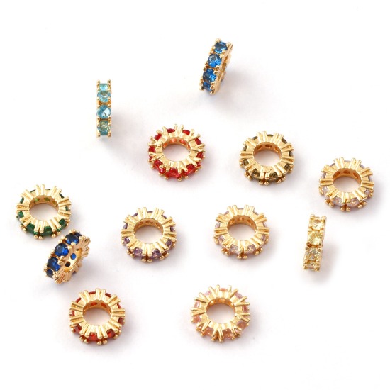 Immagine di 1 Pz Ecologico Ottone Pietre Nascita Perline Distanziatrici per Gioielli Fai-da-te che Fanno Risultati 14K Vero Oro Placcato Tondo Multicolore Cubic Zirconiae 10mm Dia., Buco: Circa 4.8mm