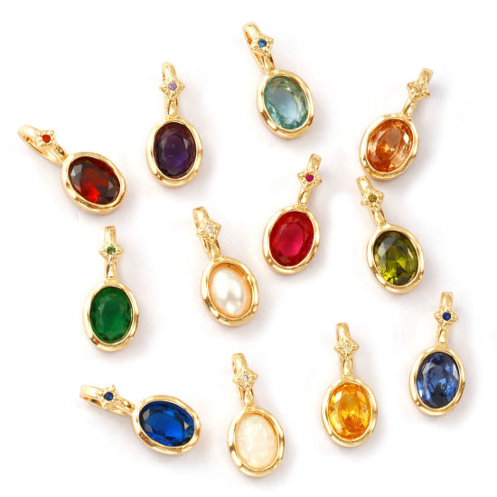 Изображение 1 ШТ Экологичный Латунь+ Искусственный Циркон Камень рождения Подвески 14K настоящее золото с покрытием Овальные 18мм x 8мм