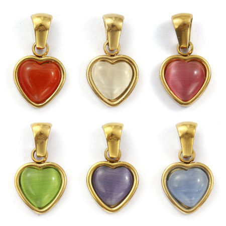 Eco-friendly PVD Vacuum Plating 304 Stainless Steel Valentine's Day Charm Pendant 18K Real Gold Plated Heart Cat's Eye Imitation 19mm x 10.5mm