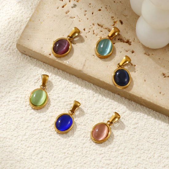 Immagine di 2 Pz Placcatura Sottovuoto PVD Ecologica 304 Acciaio Inossidabile Ciondoli Pendenti 18K Vero Oro Placcato Ovale Imitazione di occhio di gatto 21mm x 10.5mm