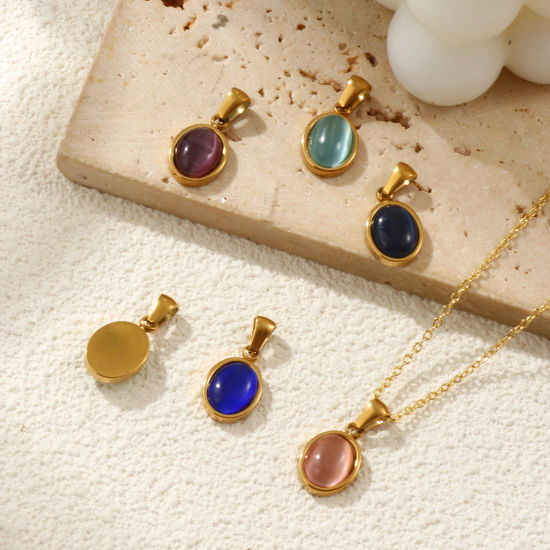 Immagine di 2 Pz Placcatura Sottovuoto PVD Ecologica 304 Acciaio Inossidabile Ciondoli Pendenti 18K Vero Oro Placcato Ovale Imitazione di occhio di gatto 21mm x 10.5mm