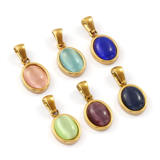 Immagine di 2 Pz Placcatura Sottovuoto PVD Ecologica 304 Acciaio Inossidabile Ciondoli Pendenti 18K Vero Oro Placcato Ovale Imitazione di occhio di gatto 21mm x 10.5mm