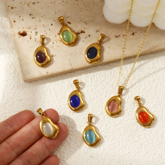 Изображение 2 ШТ Экологичное вакуумное PVD-покрытие 304 Нержавеющая Сталь Подвески 18K настоящее золото с покрытием Бесформенный Цимофана Имитация 28мм x 14.5мм