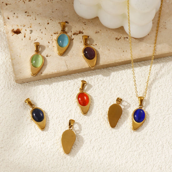 Изображение 2 ШТ Экологичное вакуумное PVD-покрытие 304 Нержавеющая Сталь Подвески 18K настоящее золото с покрытием водяная капля Цимофана Имитация 28мм x 11мм