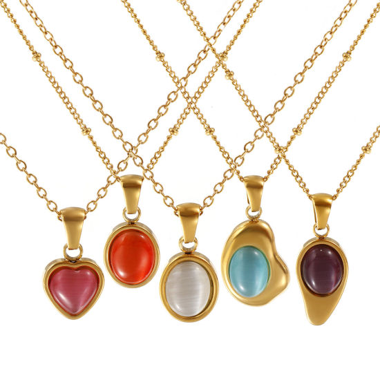 Picture of 18K Real Gold Plated Link Cable Chain Geometric Pendant Charm Necklace, 304 Stainless Steel 45cm(17.7") + 5cm(2"), For Women, Cat's Eye Imitation, Exquisite Dainty Gift, Eco-friendly PVD Vacuum Plating