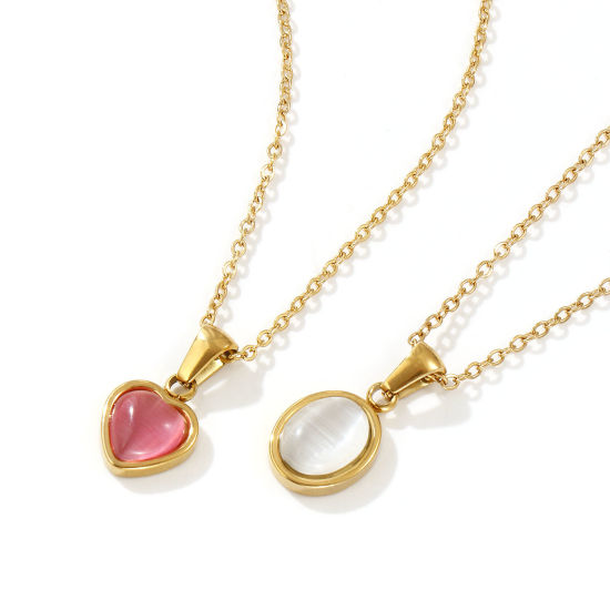 Picture of 18K Real Gold Plated Link Cable Chain Geometric Pendant Charm Necklace, 304 Stainless Steel 45cm(17.7") + 5cm(2"), For Women, Cat's Eye Imitation, Exquisite Dainty Gift, Eco-friendly PVD Vacuum Plating