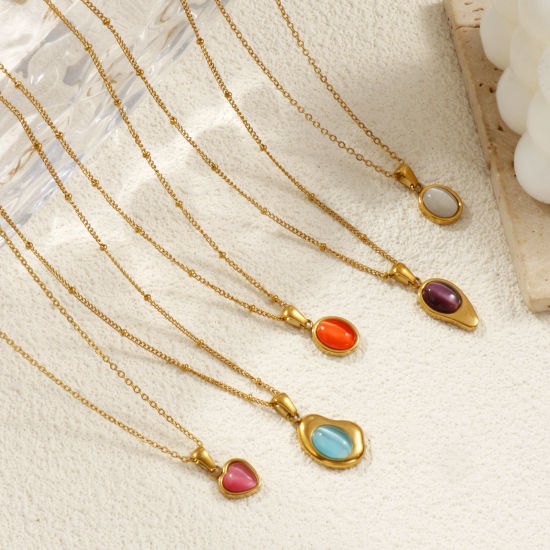 Picture of 18K Real Gold Plated Link Cable Chain Geometric Pendant Charm Necklace, 304 Stainless Steel 45cm(17.7") + 5cm(2"), For Women, Cat's Eye Imitation, Exquisite Dainty Gift, Eco-friendly PVD Vacuum Plating