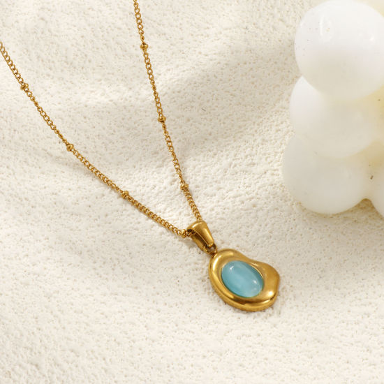 Picture of 18K Real Gold Plated Link Cable Chain Geometric Pendant Charm Necklace, 304 Stainless Steel 45cm(17.7") + 5cm(2"), For Women, Cat's Eye Imitation, Exquisite Dainty Gift, Eco-friendly PVD Vacuum Plating