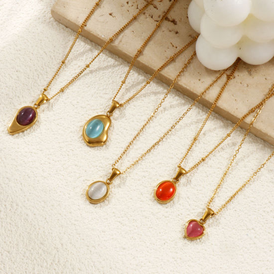 Picture of 18K Real Gold Plated Link Cable Chain Geometric Pendant Charm Necklace, 304 Stainless Steel 45cm(17.7") + 5cm(2"), For Women, Cat's Eye Imitation, Exquisite Dainty Gift, Eco-friendly PVD Vacuum Plating