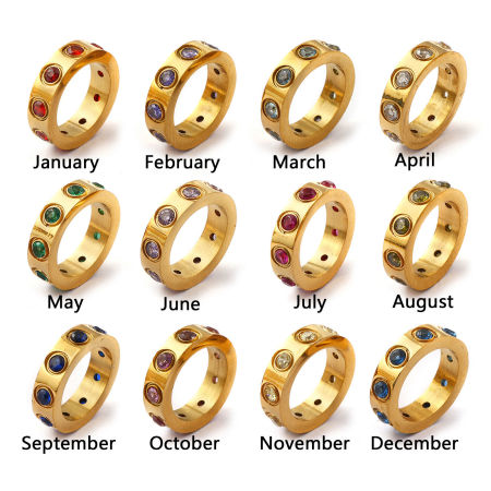 Eco-friendly PVD Vacuum Plating 304 Stainless Steel & Cubic Zirconia Birthstone Charms 18K Real Gold Plated Circle Ring 14mm Dia.