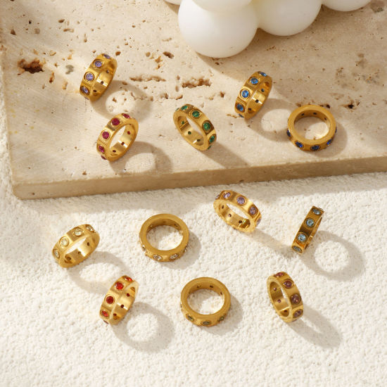 Изображение 1 ШТ Экологичное вакуумное PVD-покрытие 304 Нержавеющая Сталь & Циркон Камень рождения Подвески 18K настоящее золото с покрытием Кольцо 14мм Диаметр