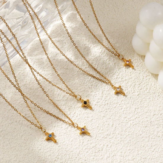 Bild von 18K Echtgold plattiert Kreuz Gliederketten Kreuz Anhänger Halskette, 304 Edelstahl & Strass 45cm + 5cm, Für Frauen, Religiös Stilvoll Geschenk, Umweltfreundliche PVD-Vakuumbeschichtung, 1 Strang