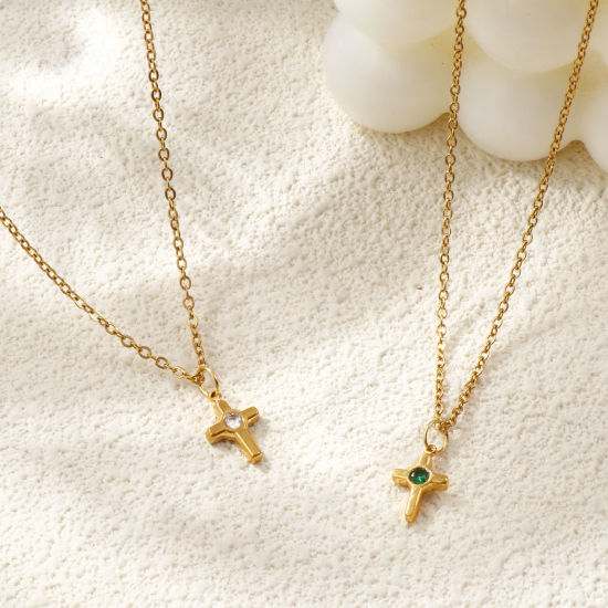 Bild von 18K Echtgold plattiert Kreuz Gliederketten Kreuz Anhänger Halskette, 304 Edelstahl & Strass 45cm + 5cm, Für Frauen, Religiös Stilvoll Geschenk, Umweltfreundliche PVD-Vakuumbeschichtung, 1 Strang