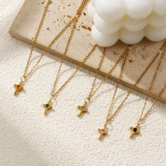 Bild von 18K Echtgold plattiert Kreuz Gliederketten Kreuz Anhänger Halskette, 304 Edelstahl & Strass 45cm + 5cm, Für Frauen, Religiös Stilvoll Geschenk, Umweltfreundliche PVD-Vakuumbeschichtung, 1 Strang