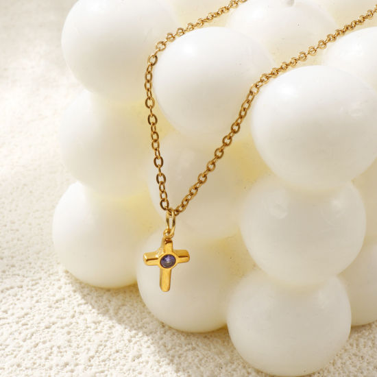 Bild von 18K Echtgold plattiert Kreuz Gliederketten Kreuz Anhänger Halskette, 304 Edelstahl & Strass 45cm + 5cm, Für Frauen, Religiös Stilvoll Geschenk, Umweltfreundliche PVD-Vakuumbeschichtung, 1 Strang