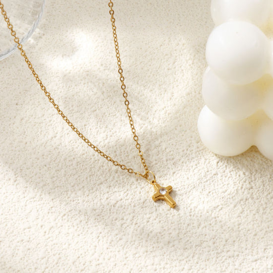 Bild von 18K Echtgold plattiert Kreuz Gliederketten Kreuz Anhänger Halskette, 304 Edelstahl & Strass 45cm + 5cm, Für Frauen, Religiös Stilvoll Geschenk, Umweltfreundliche PVD-Vakuumbeschichtung, 1 Strang