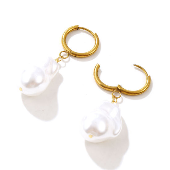 Bild von Umweltfreundliche Vakuumbeschichtung Süß Exquisit Vergoldet 304 Edelstahl & Acryl Imitat Perle Hoop Ohrringe Für Frauen Geschenk