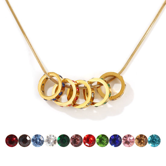 Immagine di 18K Vero Oro Placcato Catena a Serpentina Quadrata Anello Collana con Ciondolo, 304 Acciaio Inossidabile & Zircone Cubico 45cm + 5cm, Per Donne, Pietre Nascita Elegante Regalo, Placcatura Sottovuoto PVD Ecologica, 1 Pz