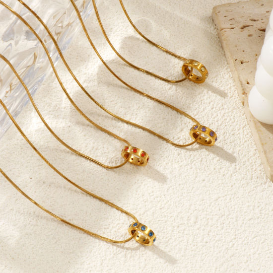 Immagine di 18K Vero Oro Placcato Catena a Serpentina Quadrata Anello Collana con Ciondolo, 304 Acciaio Inossidabile & Zircone Cubico 45cm + 5cm, Per Donne, Pietre Nascita Elegante Regalo, Placcatura Sottovuoto PVD Ecologica, 1 Pz