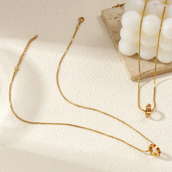 Immagine di 18K Vero Oro Placcato Catena a Serpentina Quadrata Anello Collana con Ciondolo, 304 Acciaio Inossidabile & Zircone Cubico 45cm + 5cm, Per Donne, Pietre Nascita Elegante Regalo, Placcatura Sottovuoto PVD Ecologica, 1 Pz