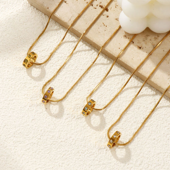 Immagine di 18K Vero Oro Placcato Catena a Serpentina Quadrata Anello Collana con Ciondolo, 304 Acciaio Inossidabile & Zircone Cubico 45cm + 5cm, Per Donne, Pietre Nascita Elegante Regalo, Placcatura Sottovuoto PVD Ecologica, 1 Pz