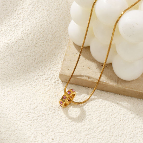 Immagine di 18K Vero Oro Placcato Catena a Serpentina Quadrata Anello Collana con Ciondolo, 304 Acciaio Inossidabile & Zircone Cubico 45cm + 5cm, Per Donne, Pietre Nascita Elegante Regalo, Placcatura Sottovuoto PVD Ecologica, 1 Pz