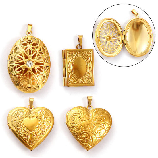 Immagine di 1 Pz Placcatura Sottovuoto Ecologica 304 Acciaio Inossidabile Ciondoli con Medaglione Fotografico Placcato Oro 18K Possibile Aprire