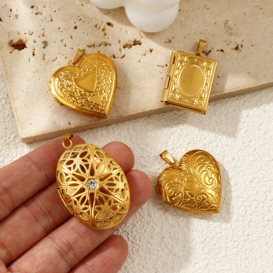 Immagine di 1 Pz Placcatura Sottovuoto Ecologica 304 Acciaio Inossidabile Ciondoli con Medaglione Fotografico Placcato Oro 18K Possibile Aprire