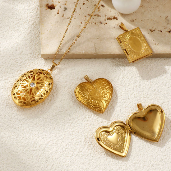 Immagine di 1 Pz Placcatura Sottovuoto Ecologica 304 Acciaio Inossidabile Ciondoli con Medaglione Fotografico Placcato Oro 18K Possibile Aprire