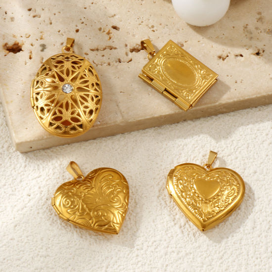 Immagine di 1 Pz Placcatura Sottovuoto Ecologica 304 Acciaio Inossidabile Ciondoli con Medaglione Fotografico Placcato Oro 18K Possibile Aprire