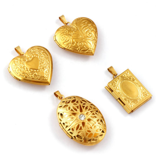 Immagine di 1 Pz Placcatura Sottovuoto Ecologica 304 Acciaio Inossidabile Ciondoli con Medaglione Fotografico Placcato Oro 18K Possibile Aprire