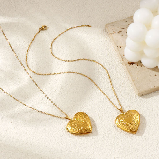 Immagine di 18K Vero Oro Placcato Catena a Cavo Collana con Ciondolo, 304 Acciaio Inossidabile 45cm + 5cm, Per Donne, Possibile Aprire, Picture Photo Frame Locket Retrò Regalo, Placcatura Sottovuoto PVD Ecologica, 1 Pz