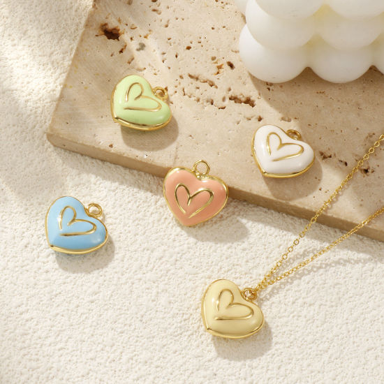 Изображение 1 ШТ Экологичный Латунь День святого Валентина Подвески 18K настоящее золото с покрытием С Эмалью Сердце Двусторонняя эмаль 21мм x 20мм