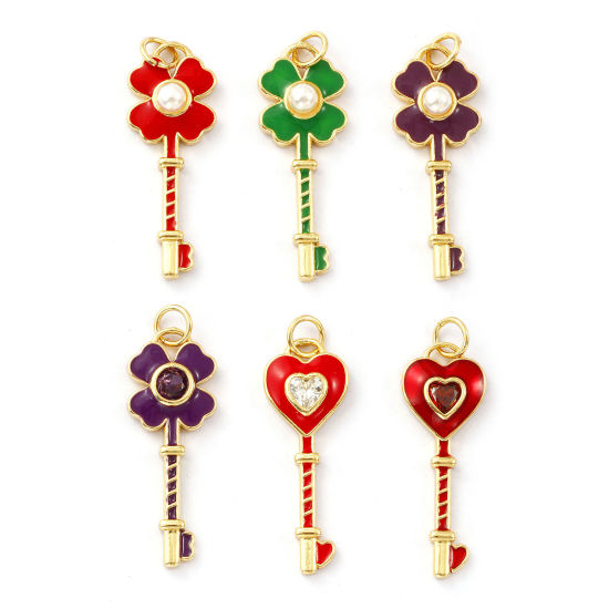 Immagine di 1 Pz Ecologico Ottone Ciondoli 18K Vero Oro Placcato Smalto Chiave