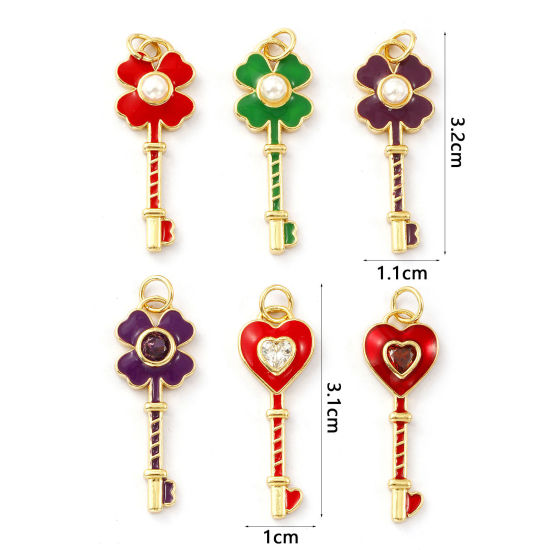 Immagine di 1 Pz Ecologico Ottone Ciondoli 18K Vero Oro Placcato Smalto Chiave