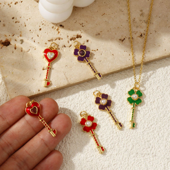 Immagine di 1 Pz Ecologico Ottone Ciondoli 18K Vero Oro Placcato Smalto Chiave