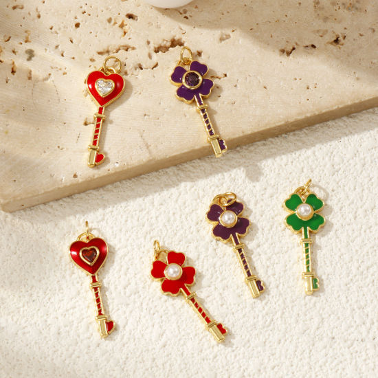 Immagine di 1 Pz Ecologico Ottone Ciondoli 18K Vero Oro Placcato Smalto Chiave