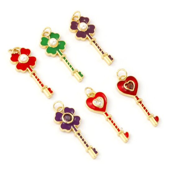 Immagine di 1 Pz Ecologico Ottone Ciondoli 18K Vero Oro Placcato Smalto Chiave