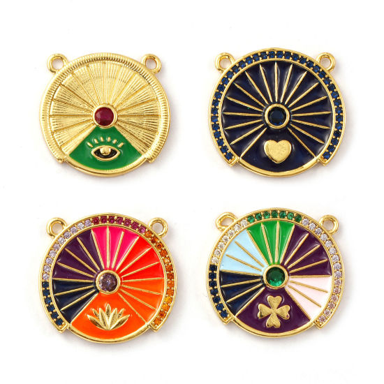 Immagine di 1 Pz Ecologico Ottone + Zircone Cubico Pendenti Charms Connettori 18K Vero Oro Placcato Smalto Tondo