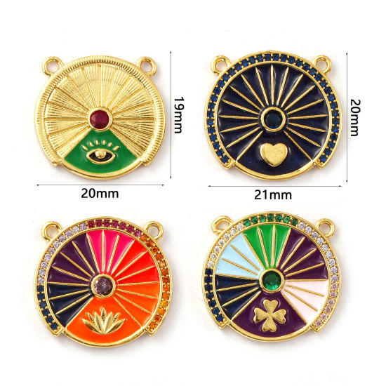 Immagine di 1 Pz Ecologico Ottone + Zircone Cubico Pendenti Charms Connettori 18K Vero Oro Placcato Smalto Tondo