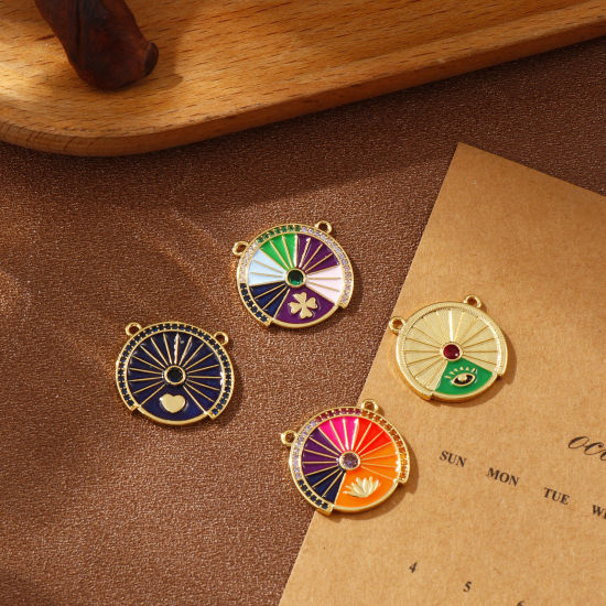 Immagine di 1 Pz Ecologico Ottone + Zircone Cubico Pendenti Charms Connettori 18K Vero Oro Placcato Smalto Tondo