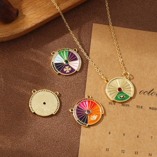 Immagine di 1 Pz Ecologico Ottone + Zircone Cubico Pendenti Charms Connettori 18K Vero Oro Placcato Smalto Tondo