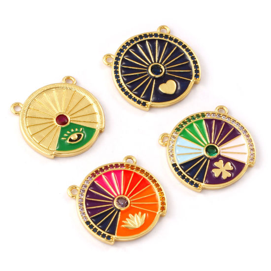 Immagine di 1 Pz Ecologico Ottone + Zircone Cubico Pendenti Charms Connettori 18K Vero Oro Placcato Smalto Tondo