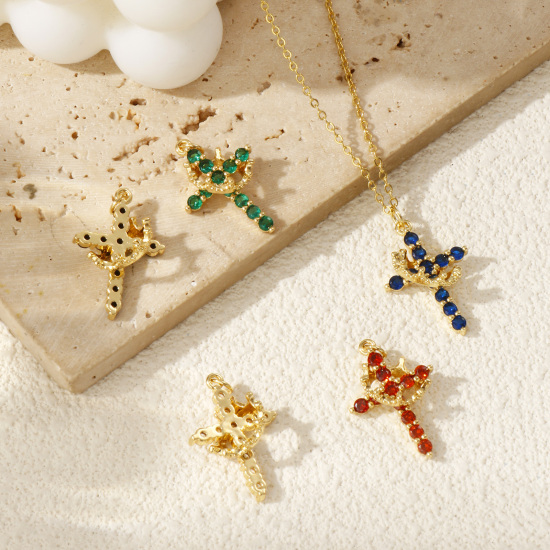 Изображение 1 ШТ Экологичный Латунь+ Искусственный Циркон религия Подвески 18K настоящее золото с покрытием Крест Корона Бижутерия усыпанная мелким фианит 29мм x 18мм