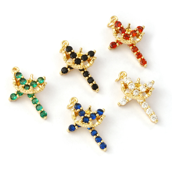 Изображение 1 ШТ Экологичный Латунь+ Искусственный Циркон религия Подвески 18K настоящее золото с покрытием Крест Корона Бижутерия усыпанная мелким фианит 29мм x 18мм