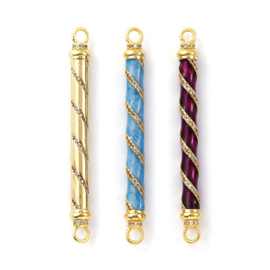Immagine di 1 Pz Ecologico Ottone Pendenti Charms Connettori 18K Vero Oro Placcato Cilindrico Micro Spianare Trasparente Cubic Zirconiae 6cm x 0.6cm