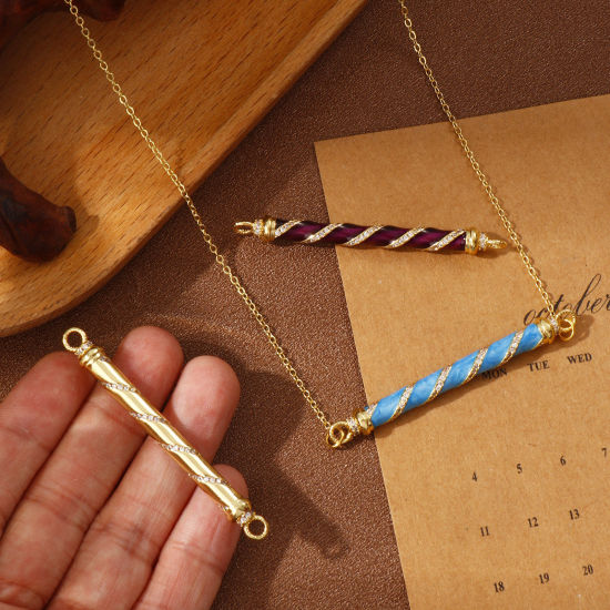 Immagine di 1 Pz Ecologico Ottone Pendenti Charms Connettori 18K Vero Oro Placcato Cilindrico Micro Spianare Trasparente Cubic Zirconiae 6cm x 0.6cm