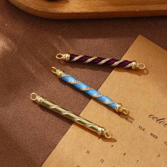 Immagine di 1 Pz Ecologico Ottone Pendenti Charms Connettori 18K Vero Oro Placcato Cilindrico Micro Spianare Trasparente Cubic Zirconiae 6cm x 0.6cm