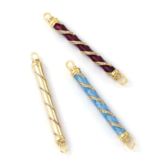 Immagine di 1 Pz Ecologico Ottone Pendenti Charms Connettori 18K Vero Oro Placcato Cilindrico Micro Spianare Trasparente Cubic Zirconiae 6cm x 0.6cm
